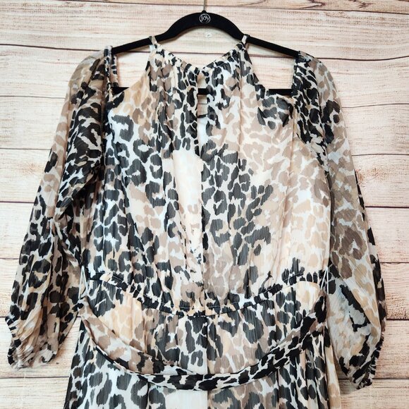 London Times Woman Cold Shoulder Midi Leopard Print Beige Brown Dress Size 1X - Picture 13 of 16